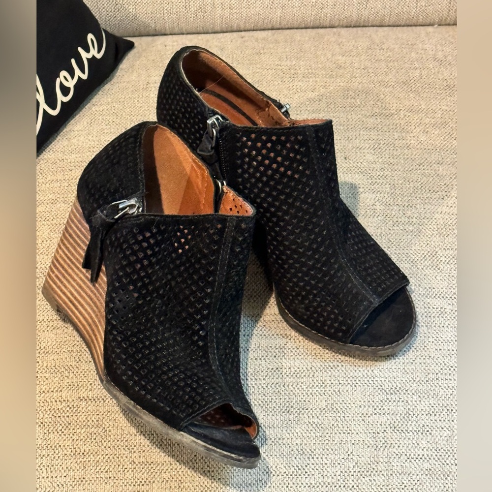 Lucky Brand Black Perforated Suede Peep Toe Wedge Bootie Size 37